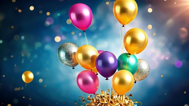 Colorful balloons and confetti erupting from a gift box in a festive celebration. Happy birthday