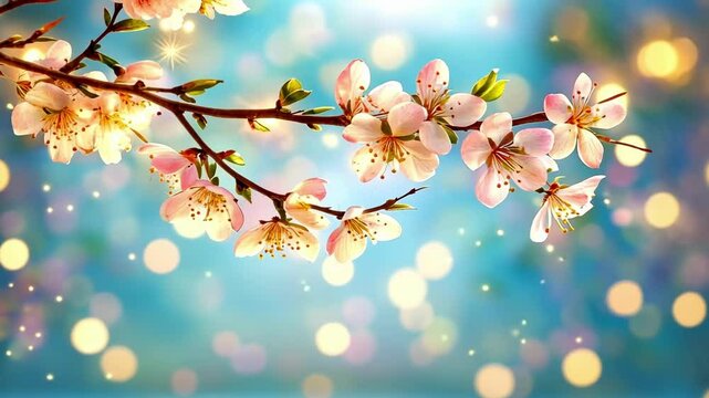 Cherry blossom branch with glowing lights on soft blue background