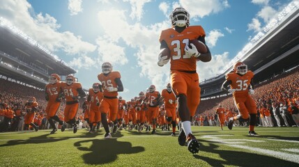 College stadium with the team running onto the field for the game. Featuring anticipation and excitement