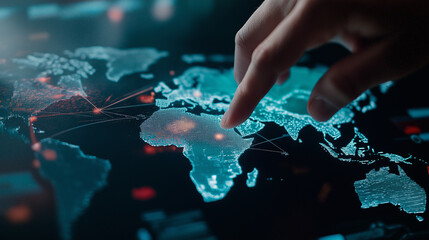 A close-up of a hand navigating a high-resolution world map on a futuristic interface, pinpointing strategic hubs for supply chain optimization and digital marketing.