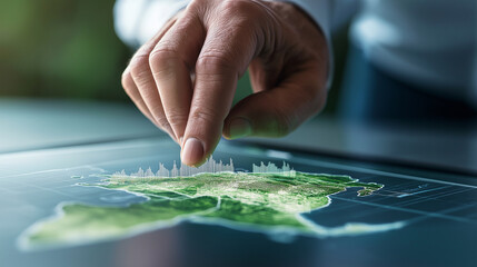 Naklejka premium An executiveâs hand interacting with a 3D topographic world map, selecting locations for investment and business growth, while live charts display revenue projections.