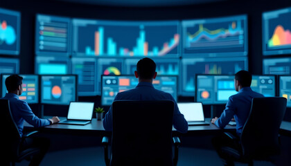Three people in shirtsleeves sit in front of large monitors and look at charts. Financial department for market and securities analytics.