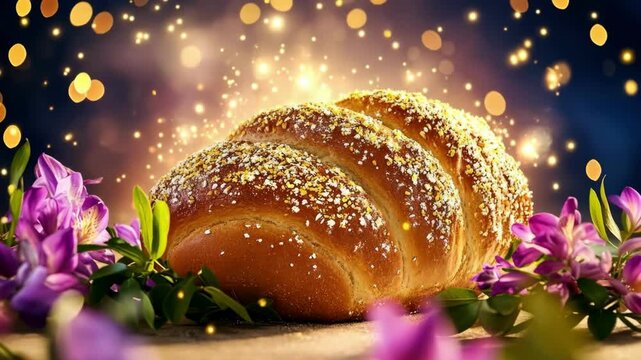 Golden sparkling bread fronted by purple flowers under glowing bokeh lights