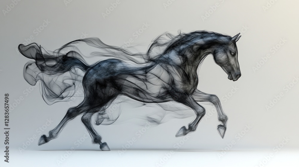 Poster a stylized representation of a horse created from flowing smoke-like forms.