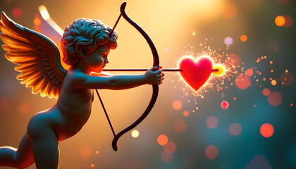 Obraz premium Cupid with wings, hovering in the air, with the help of a bow and arrow, pierces the heart from which gold dust flies out. Cupid on the hunt.
