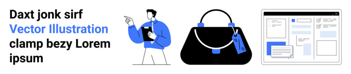Businessman holding a clipboard pointing, elegant handbag with tags, and web design interface layout. Ideal for business, shopping, fashion, e-commerce, design presentations branding. Flat landing