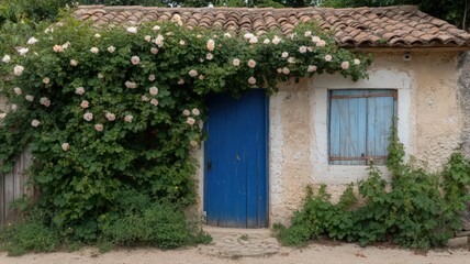 Fototapeta premium Rustic Stone Cottage Adorned with Pink Climbing Roses and a Blue Door