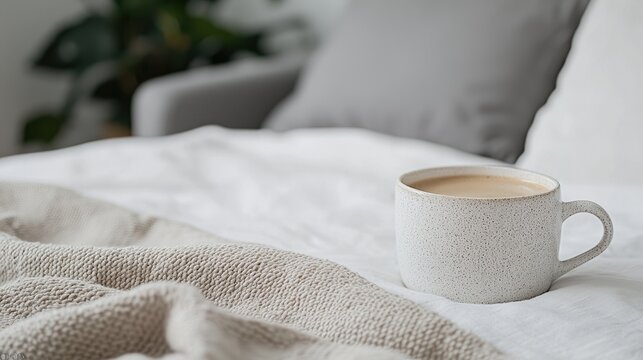 Cozy morning coffee on bed; peaceful indoor scene; relaxation; soft lighting; home interior; promoting a tranquil mood