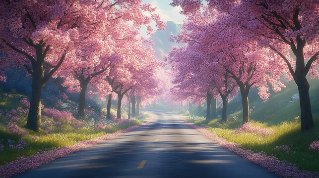 柔らかな陽光に包まれた桜並木の幻想的な春の道