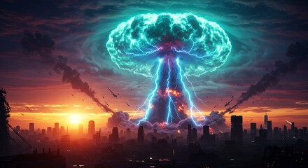 Glowing mushroom cloud rises above a destroyed cityscape at dusk