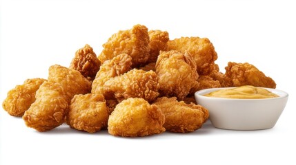 A crispy golden fried chicken drumstick with a side of dipping sauce on a wooden platter.