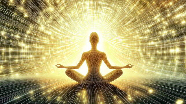 Wireframe human figure meditating in golden energy flow symbolizing devine enlightenment and meta spirituality