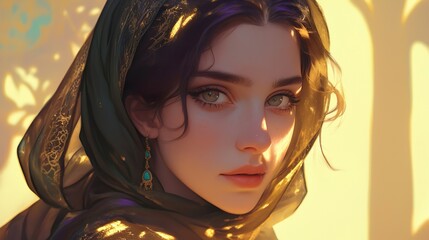 Fototapeta premium Profile portrait of a woman wearing a gold headscarf, with soft lighting creating a sense of serenity and timeless beauty.