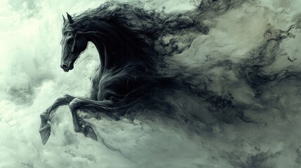 A majestic black horse emerges from swirling clouds, evoking a sense of mystery and power.