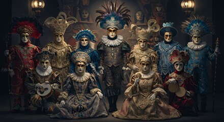 Fototapeta premium Spectacular Masquerade Group in Elegant Costumes with Elaborate Masks
