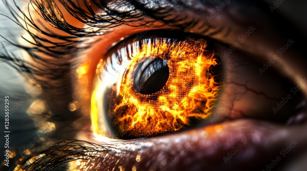 Poster Close up of an eye with digital fire effect in the iris, creating a futuristic and captivating visualization of enhanced vision or technological integration with human sight