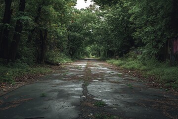 An overgrown road between an abandoned city and a dense forest.