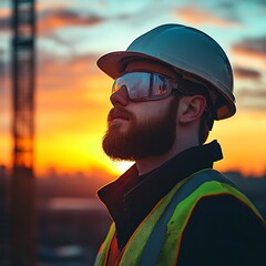 Focused Construction Worker in Portrait at Sun