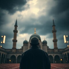 A Muslim youth praying in a peaceful mosque setting, perfect for representing Islamic holy days such as Ramadan, Eid, and other spiritual moments.