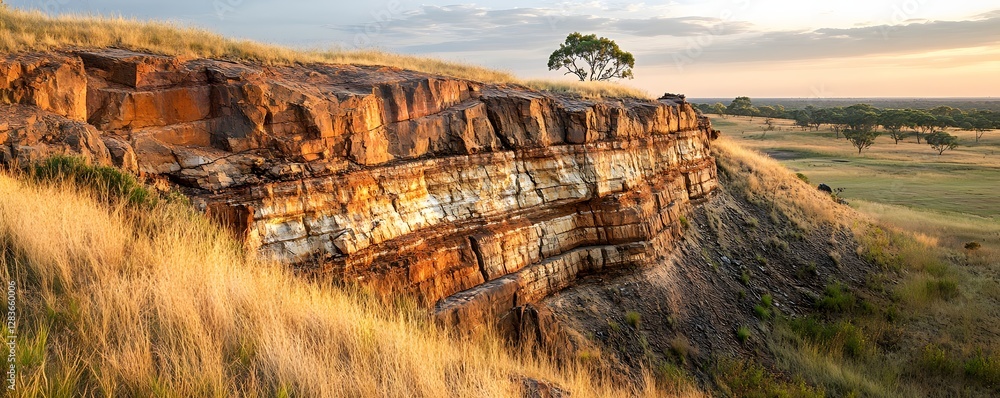 Poster an ancient cliff face showing layers of iron ore within its structure, highlighted by sunset