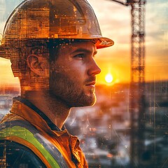 Focused Construction Worker in Portrait at Sun