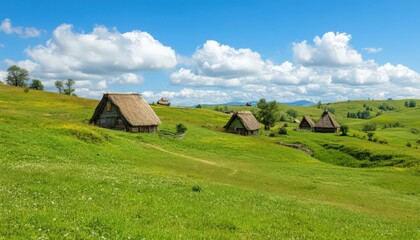 Obraz premium Rustic Thatched-Roof Houses on a Lush Green Hillside Under a Sunny Sky