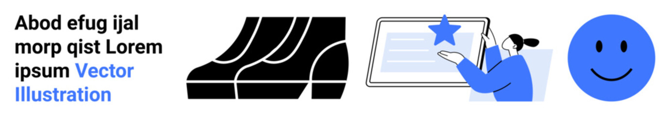 Escalators, person interacting with tablet for rating, and smiling emotion. Ideal for customer feedback, satisfaction survey, user experience, service quality, rating system, product review flat