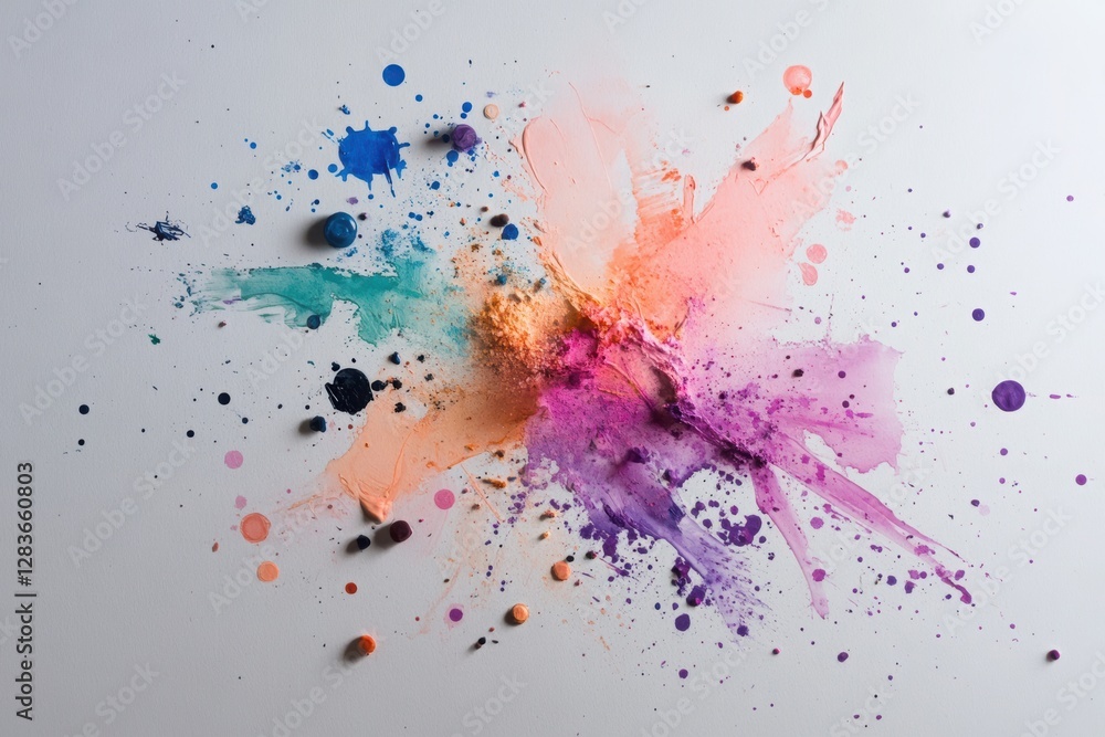 Poster splatter of colored ink on a sheet of paper, creating a bright splash effect.