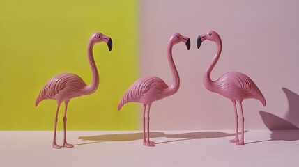 Obraz premium Flamingo toys in dynamic motion under sunny shadows with an optimistic color palette, presenting a simple yet creative composition, creating a bright and lively atmosphere