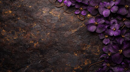 A seamless pattern of intricate floral artwork, featuring roses, orchids, and peonies in a stunning range of purple shades, layered with swirling vines and shimmering golden highlights, all 