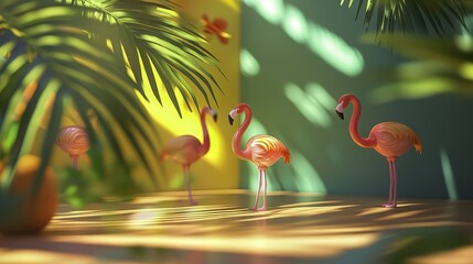 Flamingo toys in dynamic motion under sunny shadows with an optimistic color palette, presenting a simple yet creative composition, creating a bright and lively atmosphere