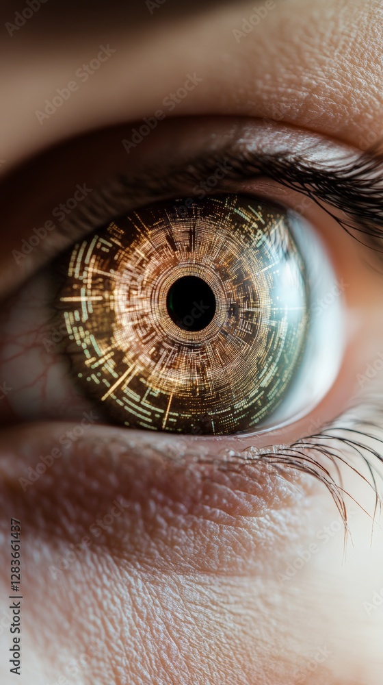 Poster close up view of an eye featuring a futuristic digital interface reflecting in the iris, illustratin