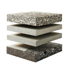 Asphalt road cross section showcasing repair and reconstruction work, illustrating layers of asphalt concrete, bitumen, soil, sand, rock, stone, ground, and earth in detail.