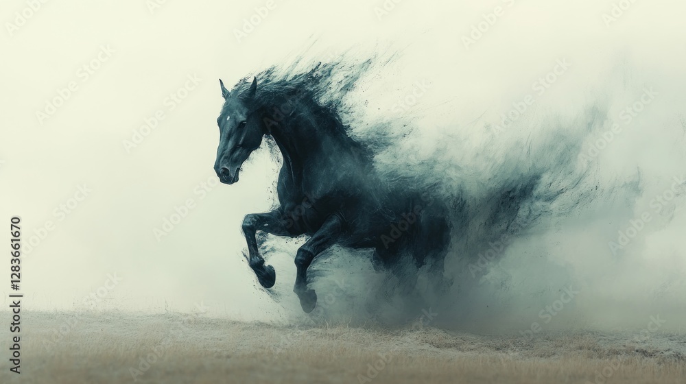 Poster a dynamic black horse appears to be emerging from smoke, creating an ethereal effect.