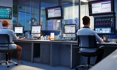 Medical professionals monitoring patient data in a high-tech healthcare facility with screens displaying vital signs