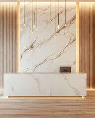 Modern reception area with white and light marble walls, light wood flooring, a reception desk made of glass