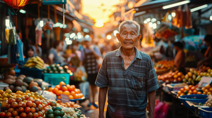 Obraz premium Man stands in front of a fruit stand with a crowd of people around him