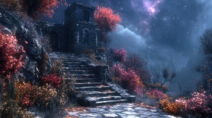 Obraz premium Enchanting stone tower amidst a celestial garden landscape scenery