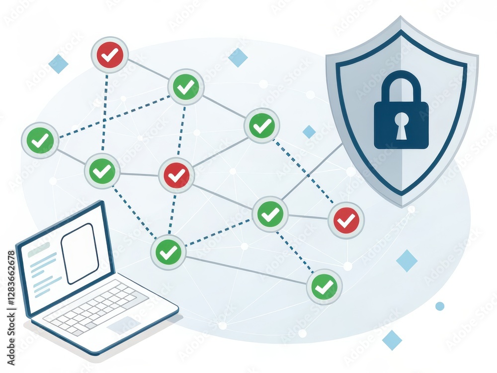 Poster a digital illustration featuring a network of nodes with security symbols, depicting cybersecurity a