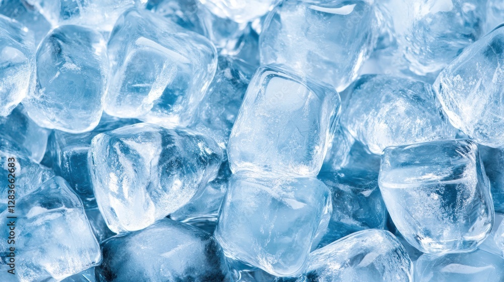 Poster cool hues of blue showcase an array of ice cubes arranged closely together featuring unique textures