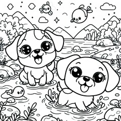 Obraz premium Coloring book Puppy pals playing in a stream! Cute line art, perfect for coloring or nature designs