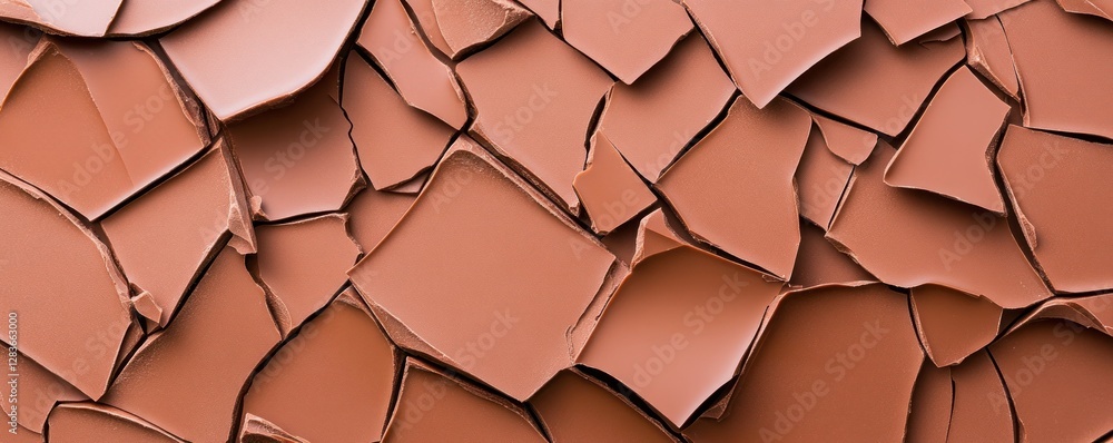 Poster texture features an array of broken chocolate pieces in varying sizes and shapes. the rich brown ton