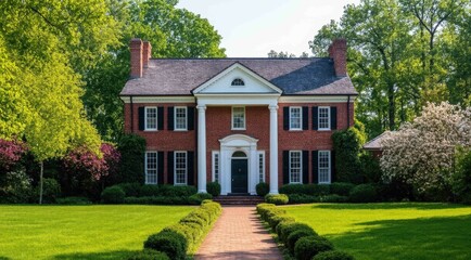 Beautiful classic home surrounded by lush greenery and blooming flowers.