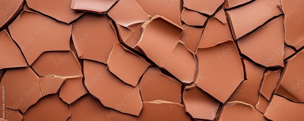 Poster craft chocolate pieces are scattered across a surface showcasing their broken textured forms. the ri