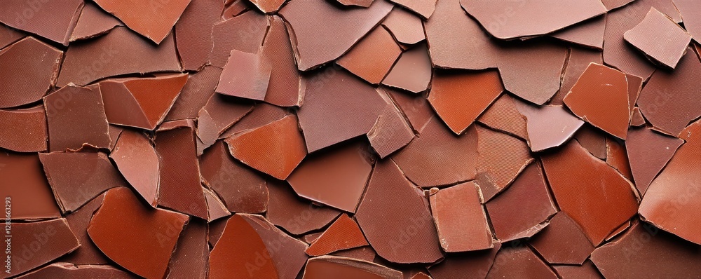 Poster broken craft chocolate pieces form a rich brown texture providing an inviting surface that can be us