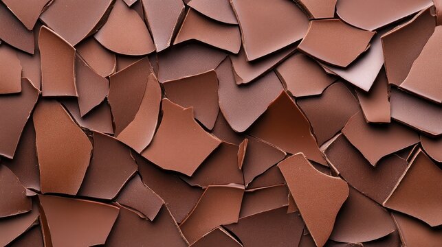 Scattered pieces of broken craft chocolate cover the surface forming a rich texture that conveys a sense of indulgence. The warm tones create a pleasing aesthetic perfect for culinary uses