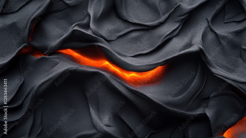 Poster lava bubbles and flows through a dark volcanic surface creating dynamic textures. the bright orange 