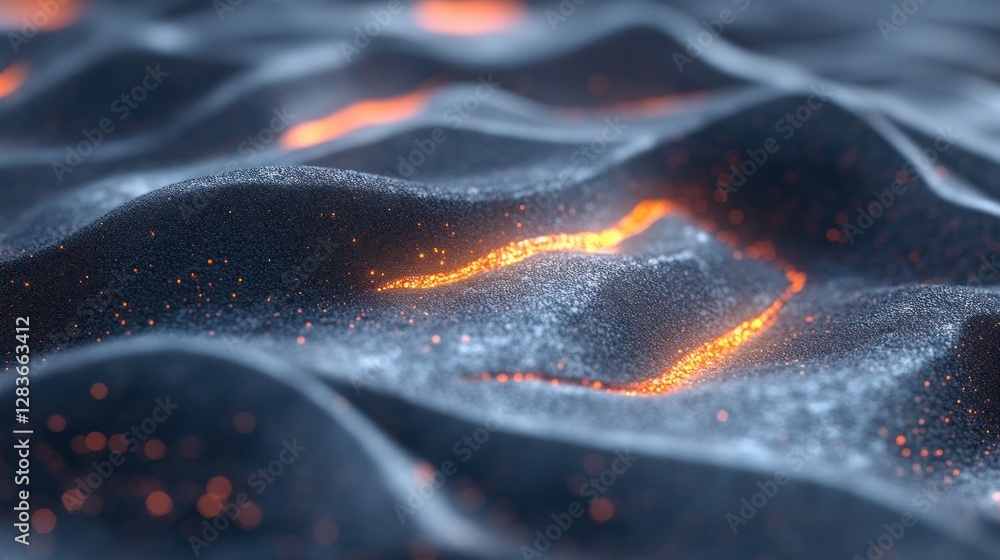 Poster bright orange lava bubbles and flows within the rugged terrain of an active volcano creating mesmeri