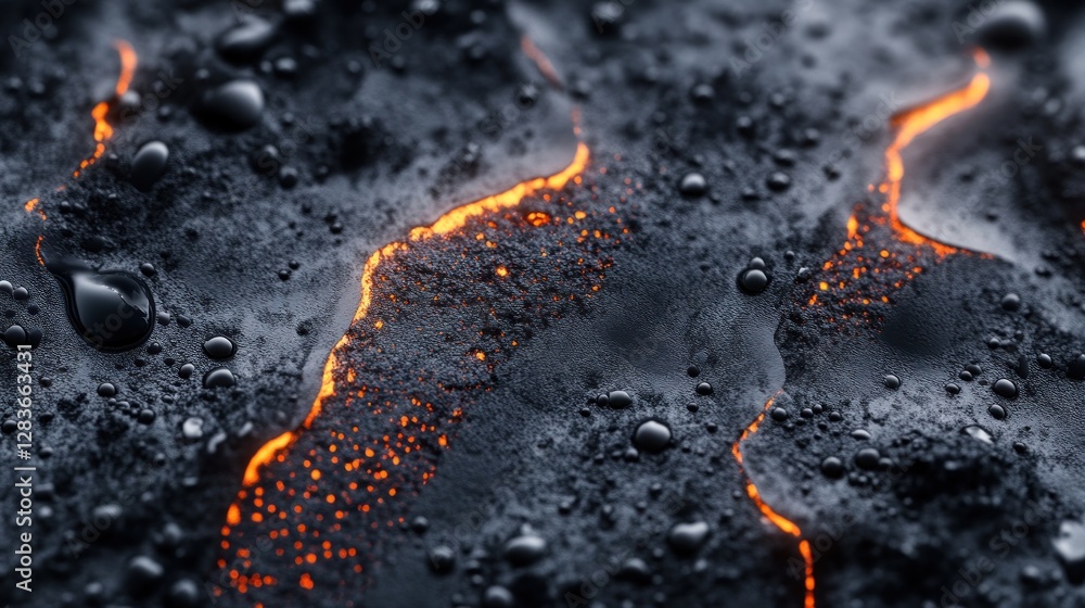 Poster bubbling lava pools create a mesmerizing texture on a volcanic surface showcasing a blend of dark ro