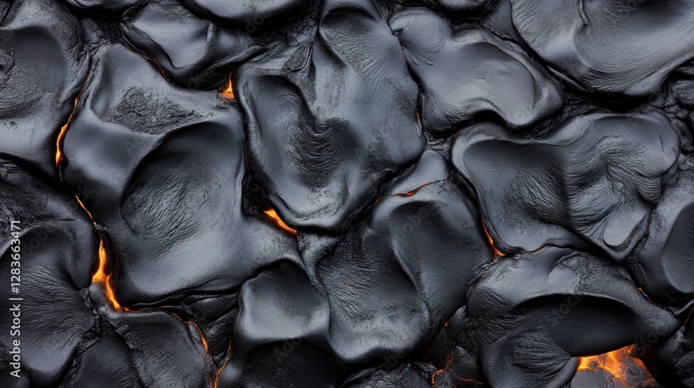 Poster bubbling lava pools with a glossy black surface exhibit glowing orange hues beneath creating a capti